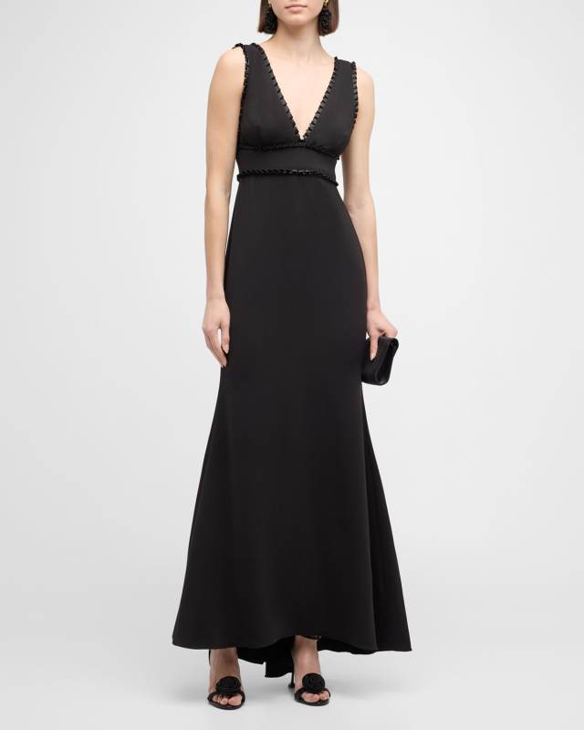 Ribbon-Trim Deep V-Neck Trumpet Gown